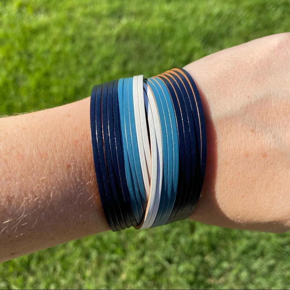 Blue Leather Bracelet Strappy White Cowgirl Cuff Western Jewelry New